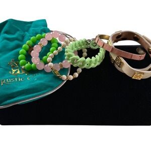 Rustic Cuff Bracelet Lot Leather Cuff Beaded Stretch Bracelets Pink Green‎